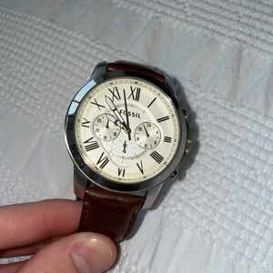 Fossil Silver Case Watch with Brown Leather Band
